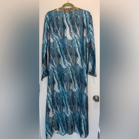 MANISH VAID- Silk Blue Pucci Island Prt. Crystal embroidered Dress Kimono-NWT M - Picture 7 of 10